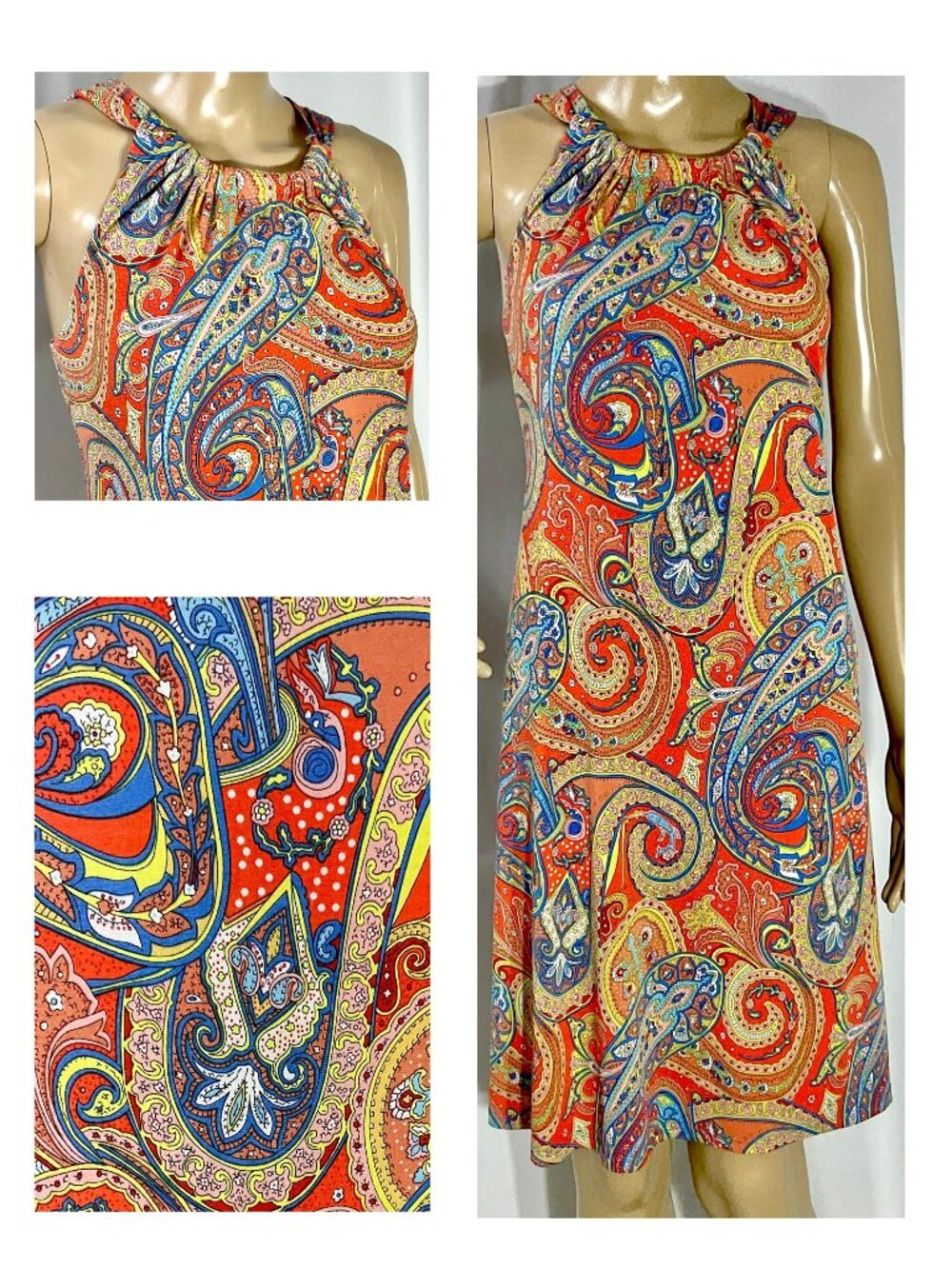 Ivy Lane Sz Large Orange Paisley Sheath Womens Dress Flowy Halter Made in USA